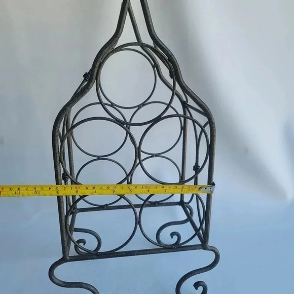 21" Vintage Finish metal decorative 5 wine bottle holder table top w/ Handle - Picture 3 of 11